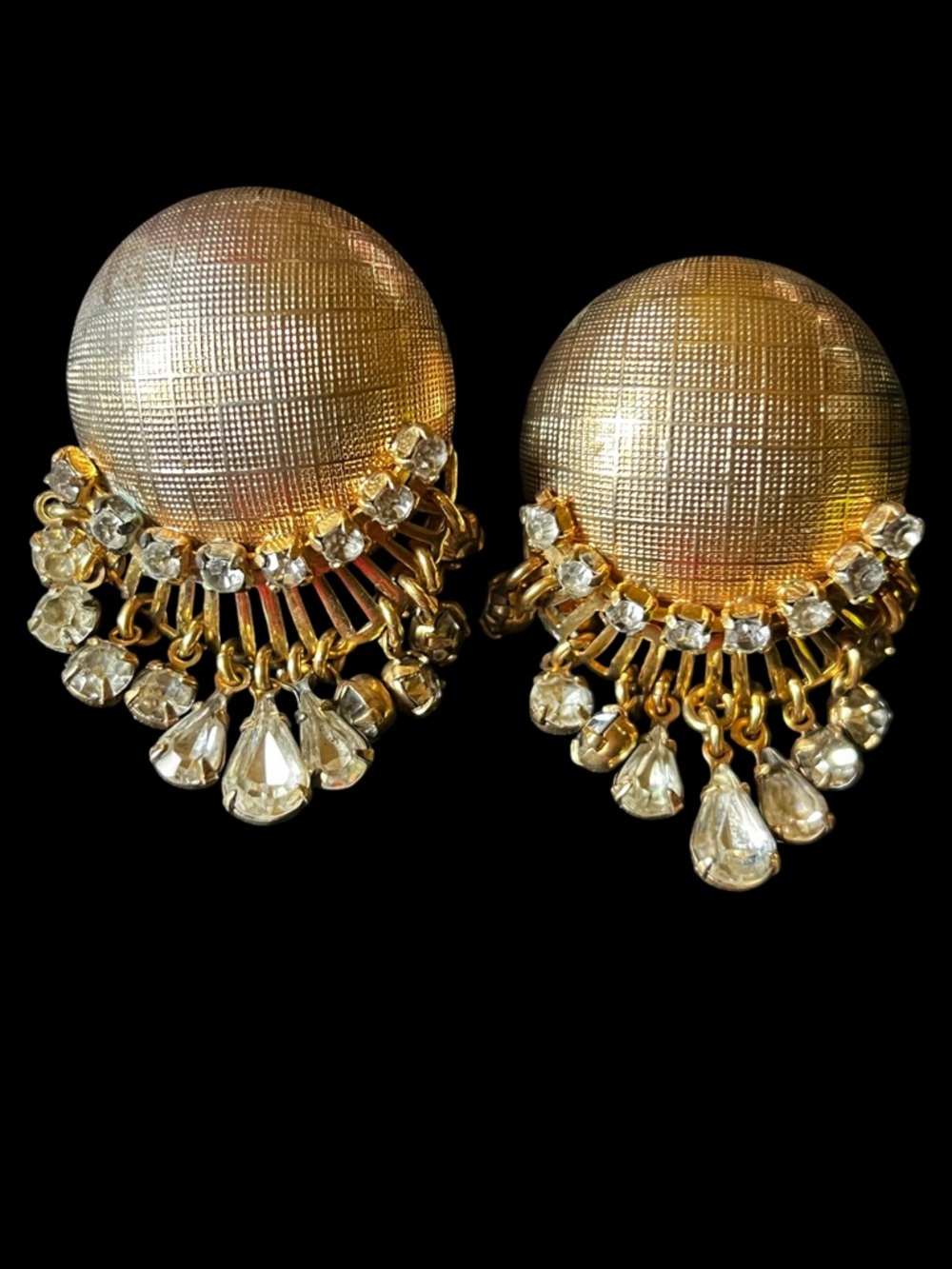 Vintage Hobè Gold Crystal Rhinestone Drop Textured Button Clip On Earrings